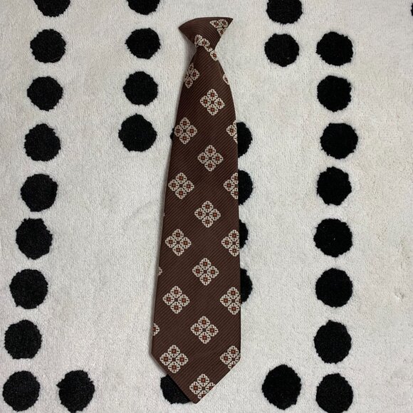 Vintage 60s Polyester Clip On Tie Brown Mod Disco Geometric Retro Wide Necktie - Picture 6 of 13